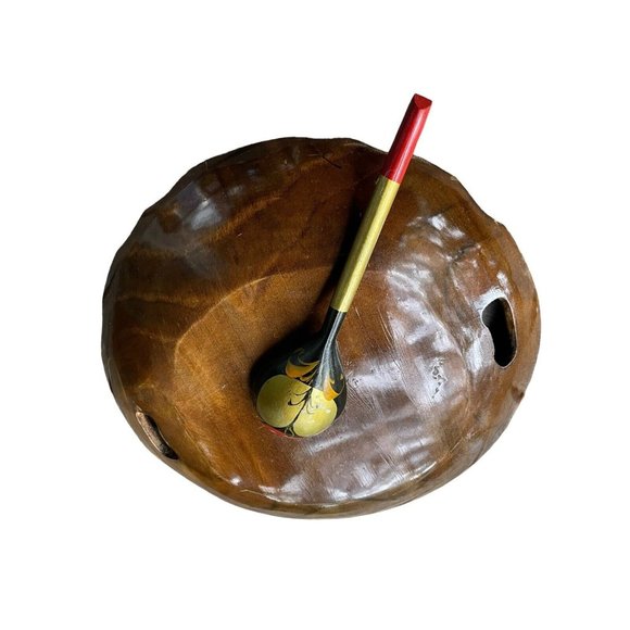 Vtg Russian Wooden Bowl Spoon Set Hand Painted USSR Khokhloma Tray Floral Fruit - Picture 6 of 8